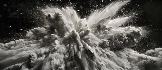 Poster - Dramatic closeup of a white dust particle explosion against a dark background showcasing movement and texture in fine detail