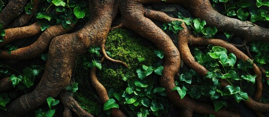 Poster - Close-up of textured tree bark with green moss and intertwining roots creating a natural, earthy pattern in a lush forest environment.