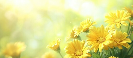 Poster - Vibrant yellow calendula flowers blooming in sunlight against a soft green background ideal for nature and floral themes.