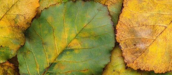 Poster - Close-up view of autumn birch leaves showcasing vibrant green and yellow hues in a seasonal transformation amidst nature's beauty.