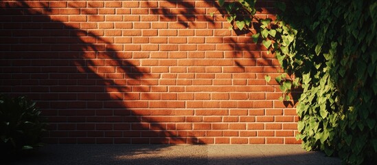 Poster - Red brick wall with shadows and greenery in outdoor setting creating a warm and natural background for various design projects.