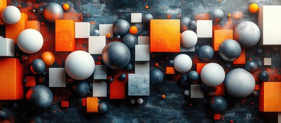 Poster - Abstract geometric composition with colorful spheres and cubes creating a modern pattern on a textured backdrop for creative designs.