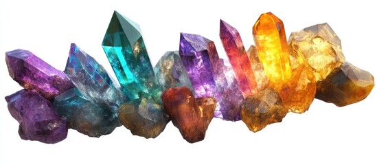 Poster - Vibrant assortment of magical crystals in various colors isolated on a clean white background for creative and artistic uses