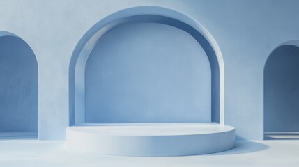 Poster - Minimalist Podium Set Against Soft Blue Background for Displaying Beauty Products in Contemporary Style