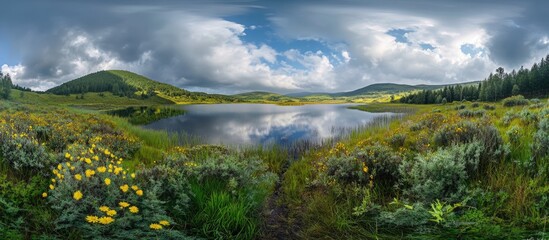 Poster - Polish countryside HDRI spherical panorama showcasing serene lake and lush greenery under a dramatic sky.
