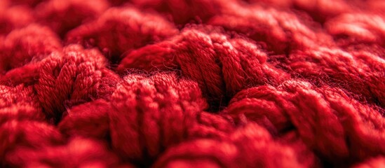 Poster - Closeup of a rich red textured fiber surface showcasing intricate woven patterns and soft, tactile details for textile or design purposes.