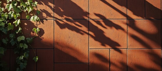 Poster - Red brick wall with green ivy shadows in natural light showcasing texture and architectural details