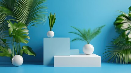Poster - Modern podium arrangement with greenery on vibrant blue background for stylish product display and showcase.