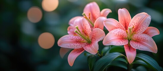 Poster - Elegant pink lilies in full bloom with a dreamy bokeh background highlighting their beauty and vibrant colors. Perfect for floral themes.