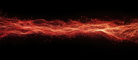 Poster - Dynamic red flames with glowing sparks on a dark background, creating an abstract fiery energy effect.