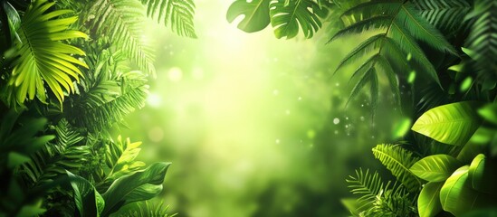 Poster - Lush green foliage with soft glowing light creating a serene natural background atmosphere for wellness and tranquility concepts