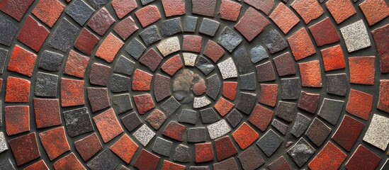 Poster - Pavement design featuring red and brown square tiles arranged in a spiral mosaic with gray stone inclusions for outdoor aesthetics