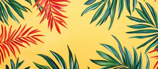 Wall Mural - Tropical palm leaves pattern with red and green foliage on vibrant yellow background for nature and summer theme designs.