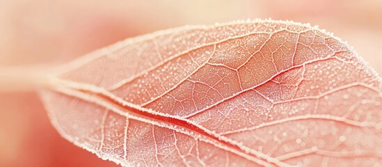 Poster - Close-up of a red autumn leaf with white frost glistening in soft light showcasing the beauty of seasonal transitions.