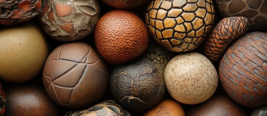 Poster - Various textured pottery balls with diverse earthy tones and natural patterns arranged in an artistic flat lay composition.