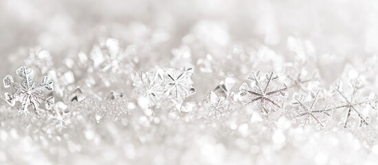 Poster - Close up of fresh white snowflakes on the ground creating a soft winter landscape showcasing delicate snow-covered textures and details