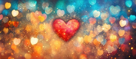 Poster - Colorful Bokeh Heart Lights Against a Blurred Background Creating a Romantic and Dreamy Atmosphere for Text and Graphics