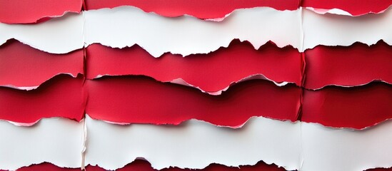 Poster - Layered red and white torn paper background with staggered edges creating a textured pattern for creative projects and design use