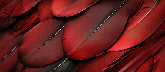 Poster - Vibrant red duck feathers elegantly arranged on a stark black background showcasing their rich texture and color contrast.