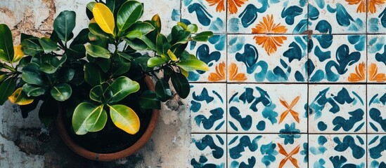 Poster - Colorful Portuguese tiles with floral patterns combined with a green potted plant create a vibrant, artistic home decor setting.