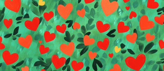 Poster - Colorful red hearts intertwined with lush green leaves creating a vibrant and cheerful pattern perfect for various design uses.