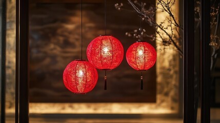 Poster - Traditional Chinese Red Lanterns for Festive Celebrations Illuminating an Elegant Indoor Setting