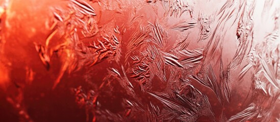 Poster - Textured red frozen metal surface with intricate ice patterns reflecting light for artistic and design applications.