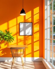 Aufkleber - Vibrant Orange Office Space Wooden Chair and Table in Sunlit Corner with Modern Art for Dynamic Work and Creative Inspiration - Contemporary Design and Productivity Boost