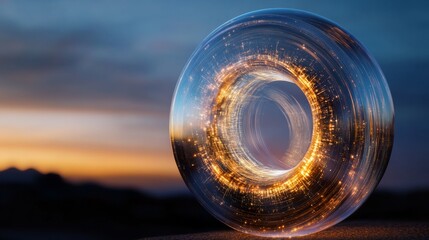 Poster - Mystical Cosmic Vortex Illuminated Glass Sculpture with Golden Light Accents in Sunset - Contemporary Art for Modern Interiors and Commercial Spaces