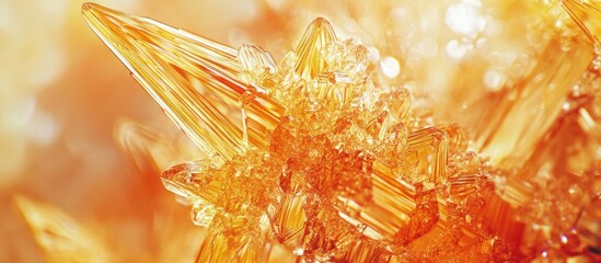 Poster - Potassium bichromate crystals in macro view showcasing intricate orange formations and unique textures against a soft background.