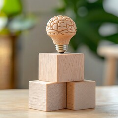Poster - Minimalist Innovation in Wooden Workspace Decor Conceptual Brain and Lightbulb Figurines on Desk for Creative Coworking Environments and Executive Strategy Sessions