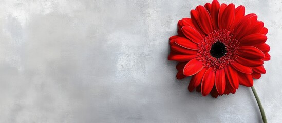 Poster - Vibrant red gerbera flower on a textured grey background with ample space for personalized text or branding elements
