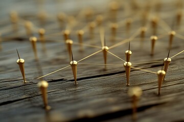 Poster - Golden Pins Interconnect: Network Visualization on Rustic Wood, Abstract Connection Concept, Showing Global Interdependence
