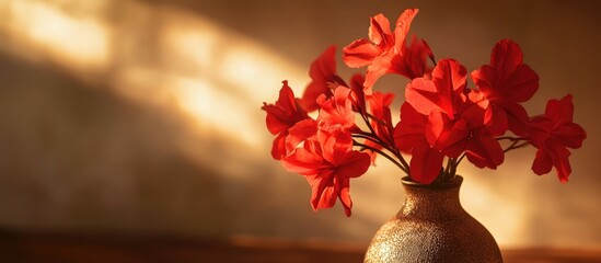 Poster - Vibrant red petal flowers in a rustic vase illuminating a cozy home decor setting with soft warm light.
