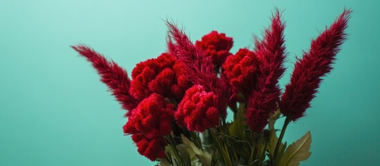 Poster - Vibrant Red Celosia Flowers Against a Turquoise Background Showcasing Their Unique Texture and Rich Colorful Appeal