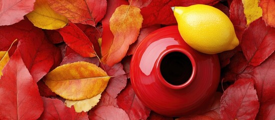 Poster - red ceramic vase surrounded by vibrant autumn leaves with a yellow lemon highlighting contrasting co