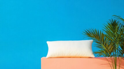 Poster - Bright Minimalist Soft Desk Pillow on Pink Stand with Palm - Modern Workplace Decor and Stress Relief for Relaxed Office Culture
