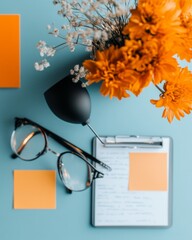 Poster - Vibrant Floral Workspace Glasses, Notepad and Orange Florals on Blue - Creative Office Decor and Productivity Boost for Modern Collaborative Environments