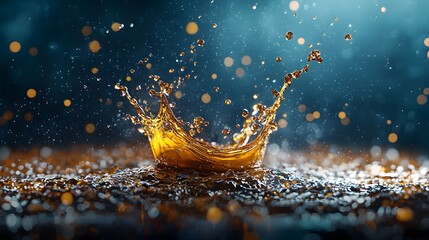 Poster - Majestic crown shaped splash of golden liquid creating a dynamic energetic and visually captivating scene against a moody textured blue and orange backdrop  This high speed