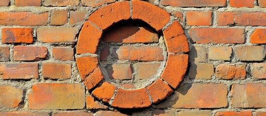 Poster - Red brick stone texture background viewed through the circular cutout silhouette of the letter O on a weathered brick wall.