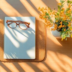 Poster - Eco-Inspired Home Workspace Sunlit Desk with Natural Fiber Accessories and Notebook - Sustainable Office Decor for Remote Work Creativity and Mindful Productivity