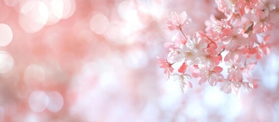 Poster - Delicate red and white bokeh background featuring blooming cherry blossoms in a soft natural setting