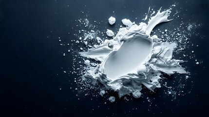 Poster - and dynamic splash of white liquid or paint against a dark and moody background creating a sense of energy movement and elegance  The image has a minimalistic and contemporary feel