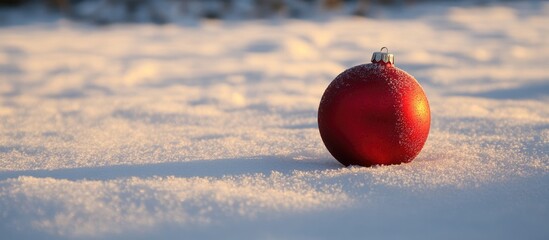 Poster - Red Christmas Ornament on Snowy Surface with Blank Space for Holiday Greetings and Messages