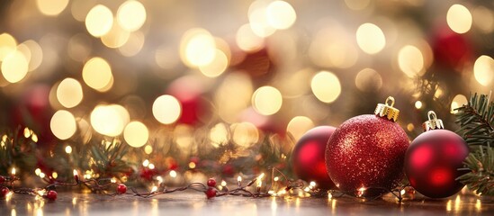 Poster - Elegant Red and Gold Bokeh Christmas Background with Blurred Lights and Ornaments Ideal for Holiday Promotions and Text Space