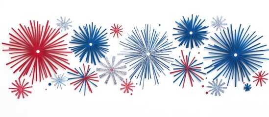 Poster - Colorful glitter fireworks in red blue and silver on a white background ideal for festive decorations or celebration themes.