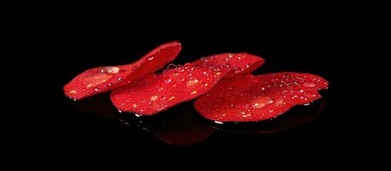 Poster - Red flower petals glistening with droplets on a dark background showcasing nature's beauty and elegance.