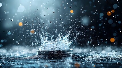 Poster - Vivid splashes and droplets of rainwater suspended in motion creating a dynamic and mesmerizing abstract scene amidst a blurred moody atmospheric background