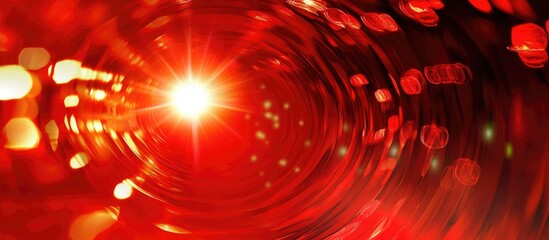 Poster - Disco lights and circular blur effect on a vibrant red background creating an energetic nightclub atmosphere suitable for nightlife promotions.