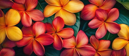Poster - Vibrant close-up of red and yellow tropical flowers showcasing intricate petals against lush green foliage in a natural setting.